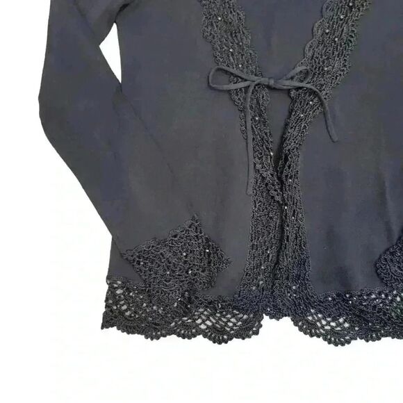 Notations Women's Black Rayon/Nylon Knit Top w Attached Cardigan & Crocheted Lac - Picture 3 of 9